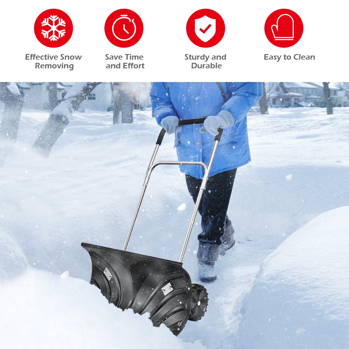 Rolling Snow Pusher Shovel with Adjustable Handle, Black - Gallery Canada