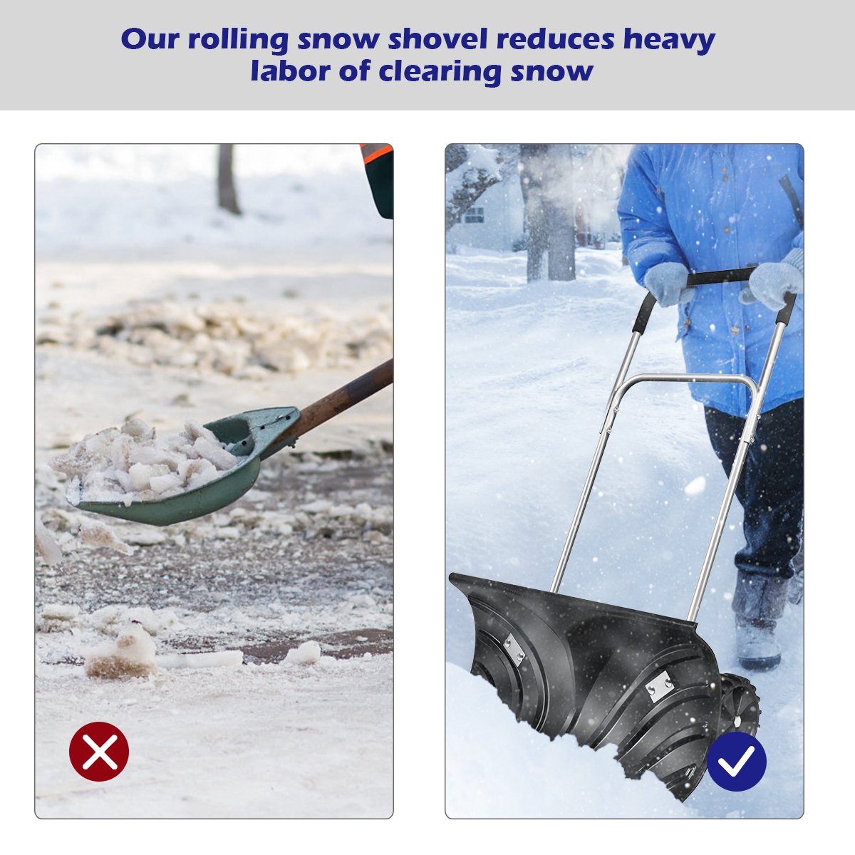 Rolling Snow Pusher Shovel with Adjustable Handle, Black Snow Removal   at Gallery Canada