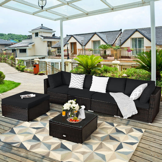 6 Pieces Outdoor Patio Rattan Furniture Set Sofa Ottoman, Black Outdoor Sectionals Black  at Gallery Canada