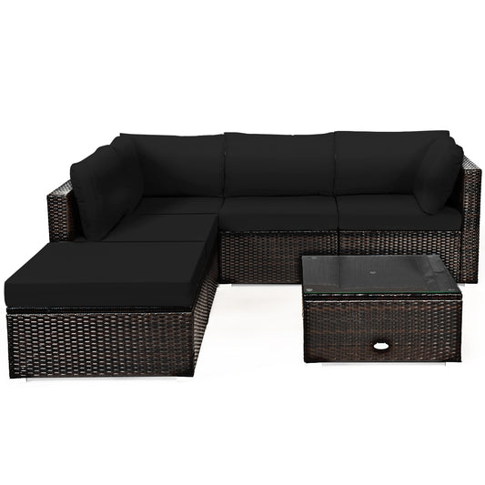 6 Pieces Outdoor Patio Rattan Furniture Set Sofa Ottoman, Black Outdoor Sectionals Black  at Gallery Canada