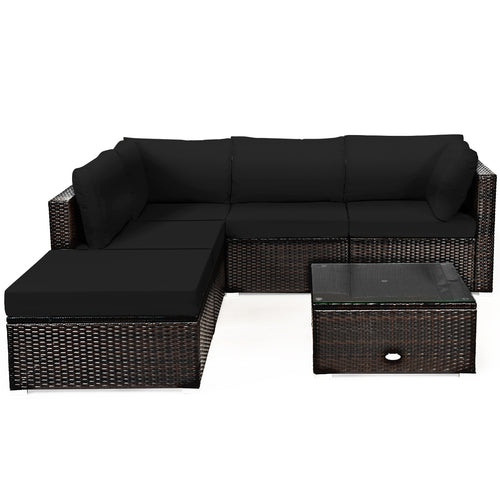 6 Pieces Outdoor Patio Rattan Furniture Set Sofa Ottoman, Black