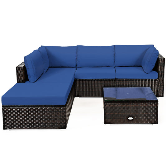 6 Pieces Outdoor Patio Rattan Furniture Set Sofa Ottoman, Blue Outdoor Sectionals Blue  at Gallery Canada