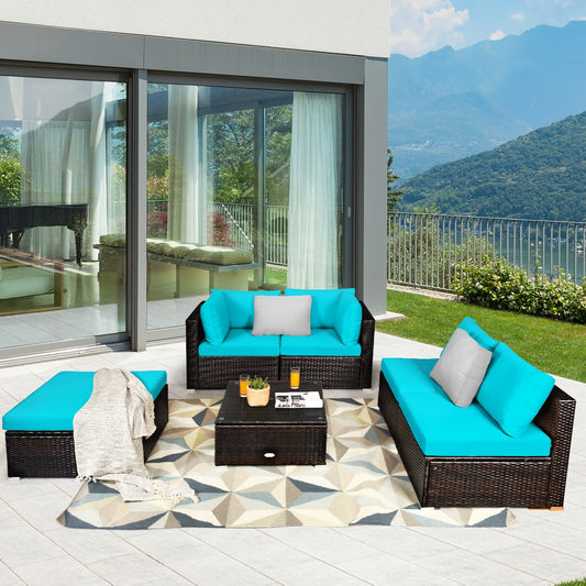 6 Pieces Outdoor Patio Rattan Furniture Set Sofa Ottoman, Turquoise Outdoor Sectionals Turquoise  at Gallery Canada