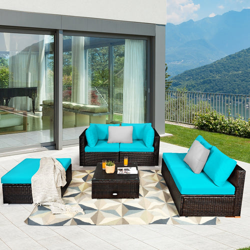 6 Pieces Outdoor Patio Rattan Furniture Set Sofa Ottoman, Turquoise