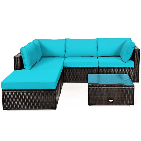 6 Pieces Outdoor Patio Rattan Furniture Set Sofa Ottoman, Turquoise Outdoor Sectionals Turquoise  at Gallery Canada