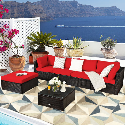 6 Pieces Outdoor Patio Rattan Furniture Set Sofa Ottoman, Red Outdoor Sectionals Red  at Gallery Canada