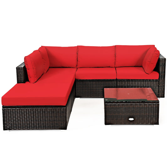 6 Pieces Outdoor Patio Rattan Furniture Set Sofa Ottoman, Red Outdoor Sectionals Red  at Gallery Canada