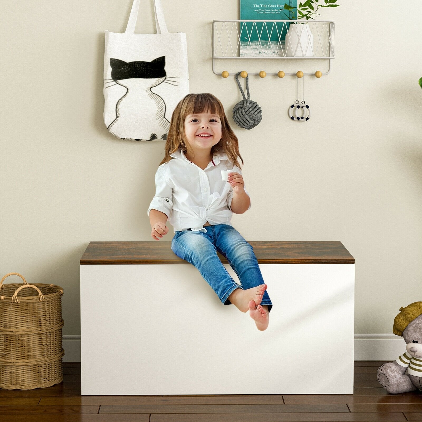 Flip-top Storage Chest with Self-hold Cover and Pneumatic Rod, White Kids Storage   at Gallery Canada