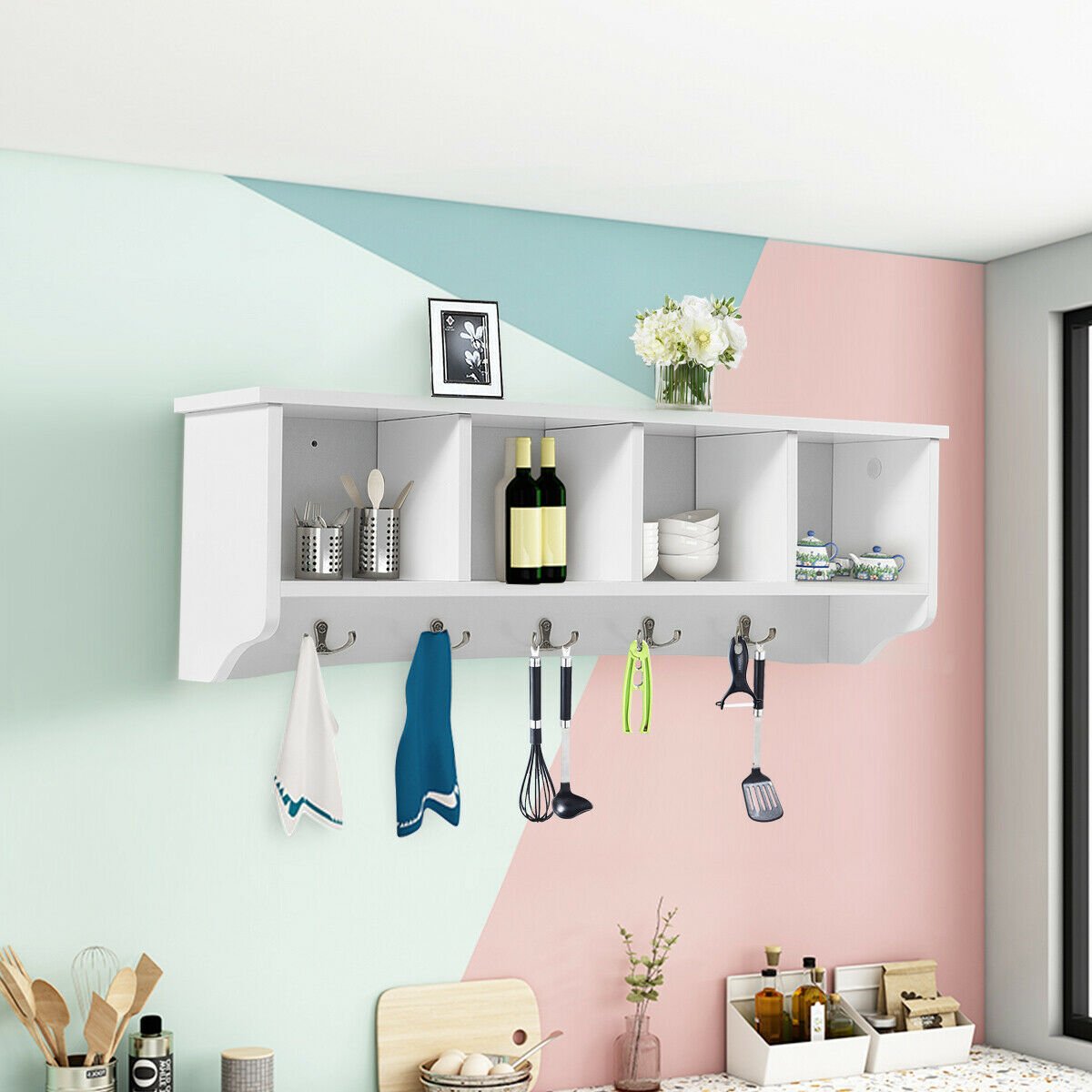 Wall-Mounted Storage Cabinet Hanging Entryway Shelf Coat Rack, White Coat Racks & Hall Trees   at Gallery Canada