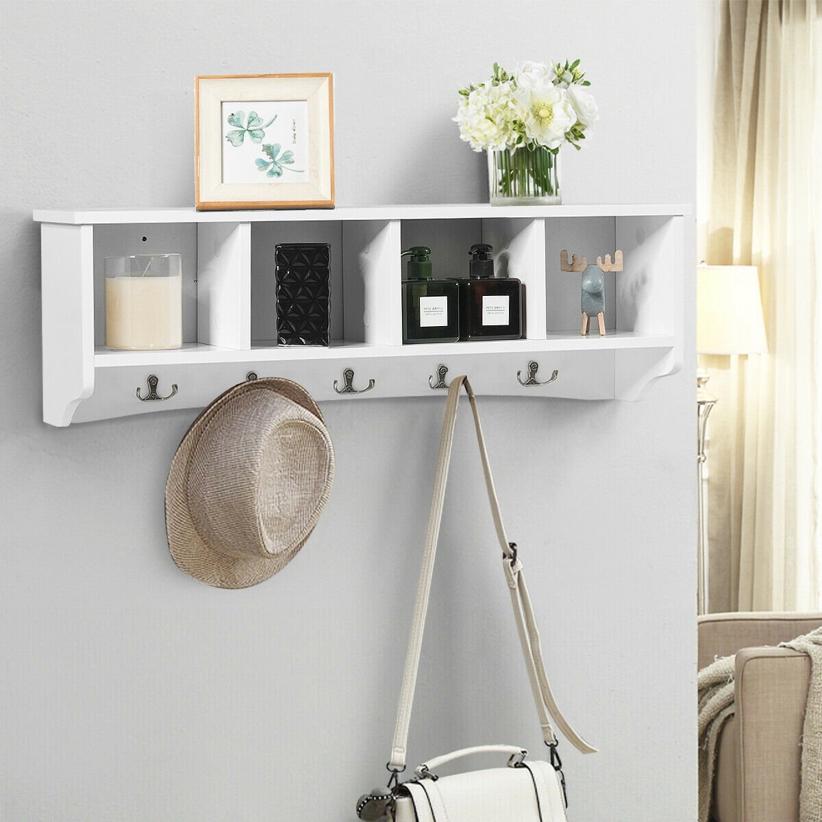 Wall-Mounted Storage Cabinet Hanging Entryway Shelf Coat Rack, White Coat Racks & Hall Trees   at Gallery Canada