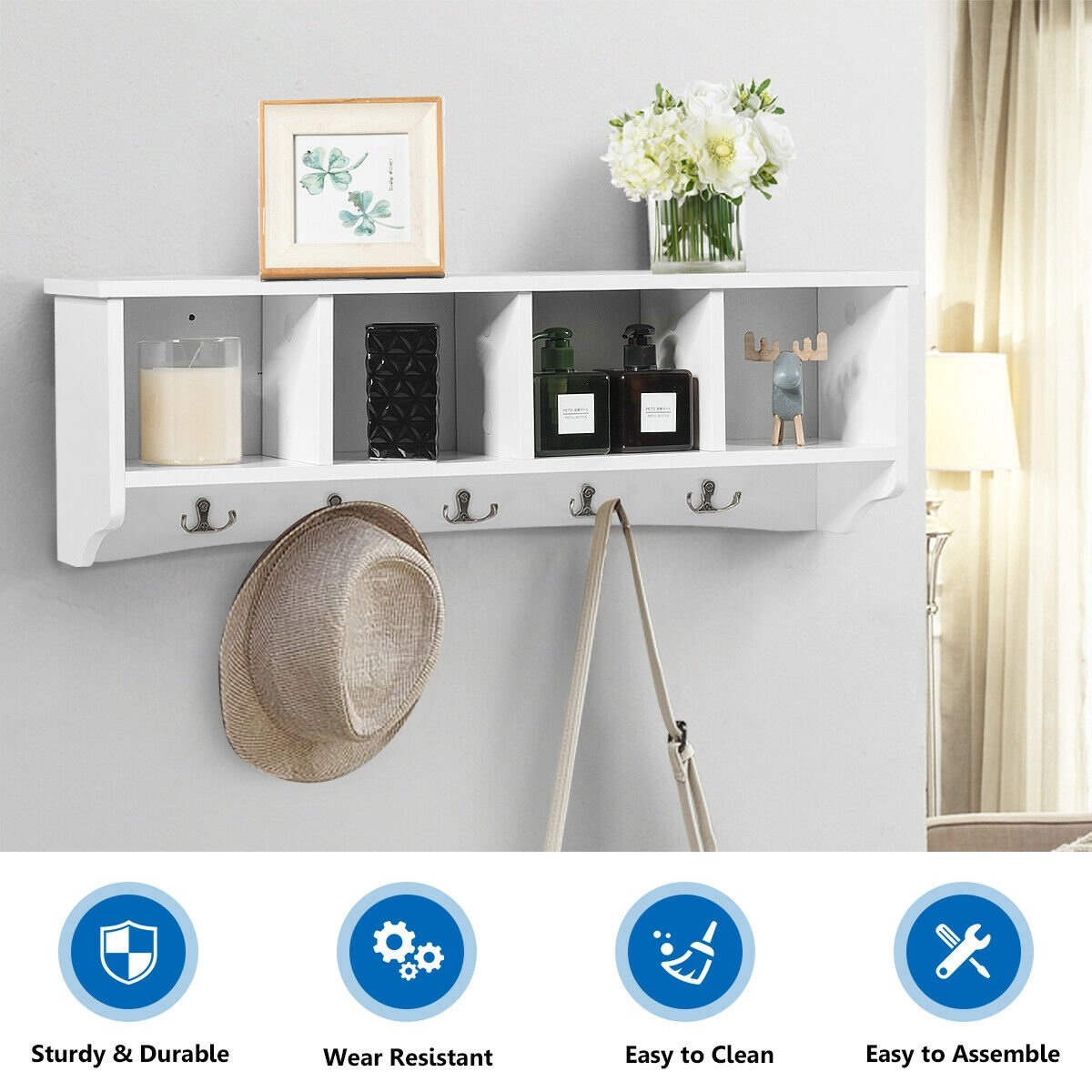 Wall-Mounted Storage Cabinet Hanging Entryway Shelf Coat Rack, White Coat Racks & Hall Trees   at Gallery Canada