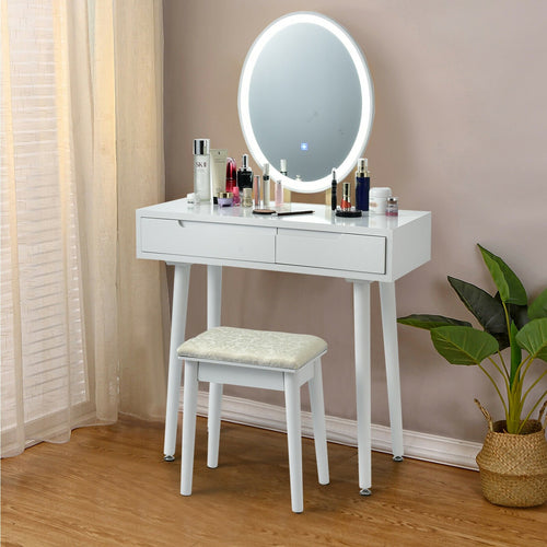 Touch Screen Vanity Makeup Table Stool Set, White