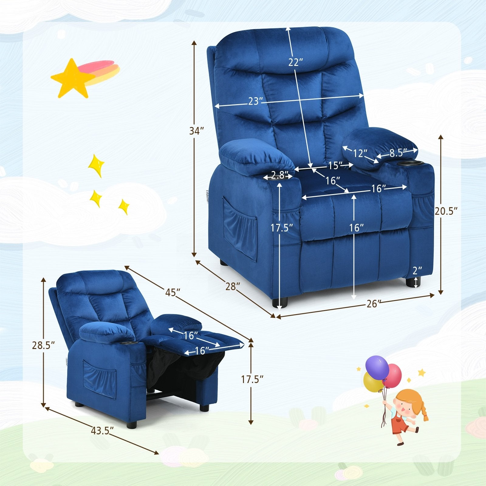 Kids Recliner Chair with Cup Holder and Footrest for Children, Light Blue Kids Chairs & Seating   at Gallery Canada