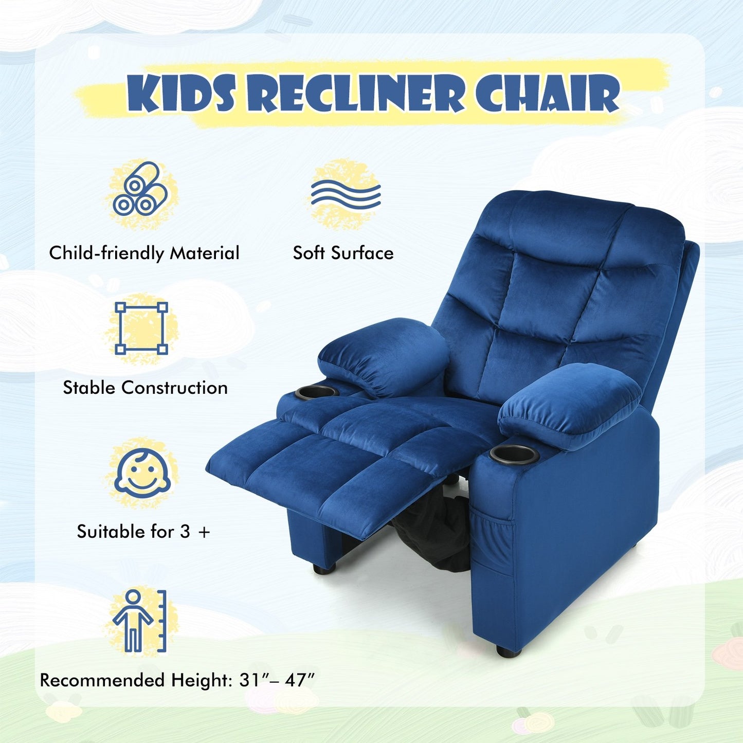 Kids Recliner Chair with Cup Holder and Footrest for Children, Light Blue Kids Chairs & Seating   at Gallery Canada