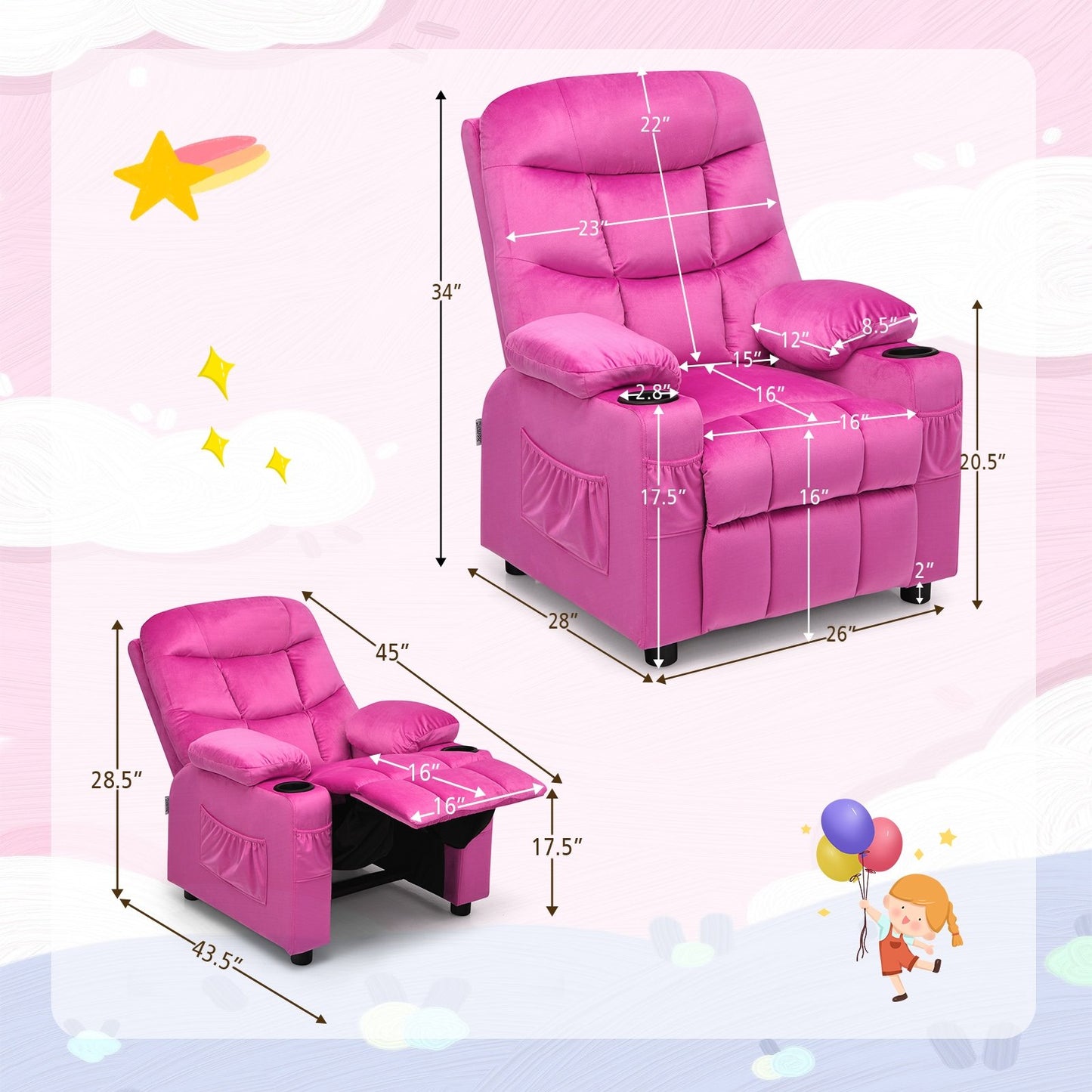 Kids Recliner Chair with Cup Holder and Footrest for Children, Pink Kids Chairs & Seating   at Gallery Canada