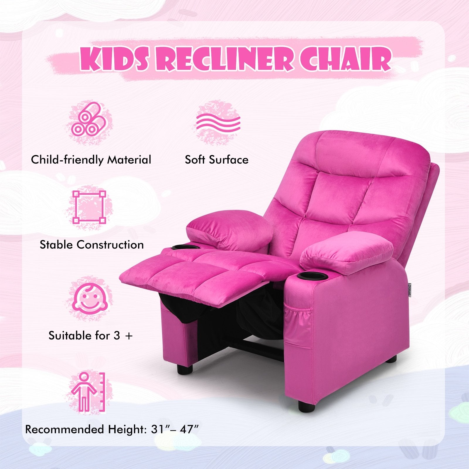 Kids Recliner Chair with Cup Holder and Footrest for Children, Pink Kids Chairs & Seating   at Gallery Canada