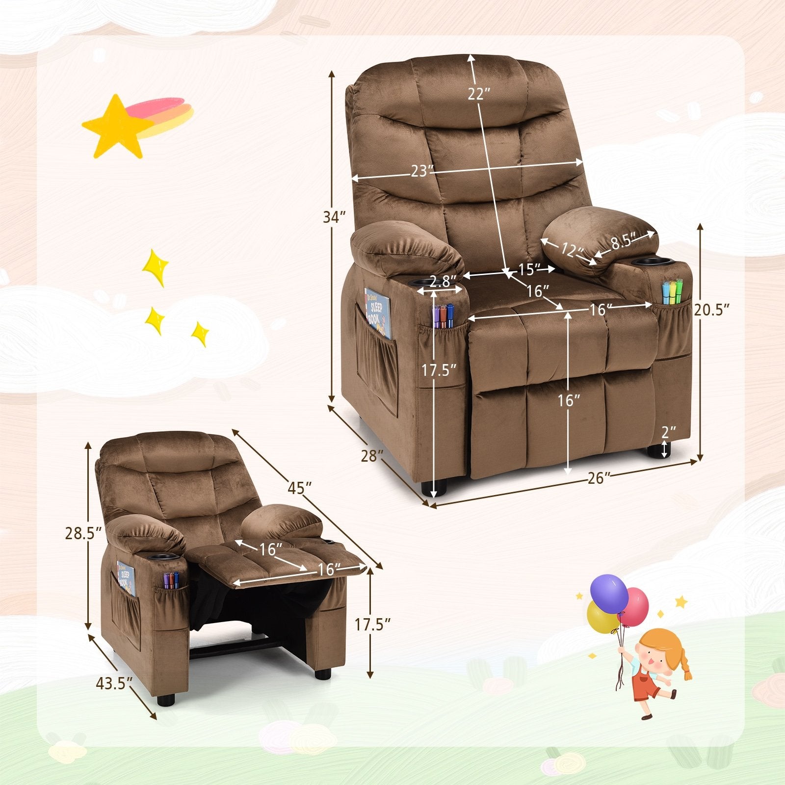 Kids Recliner Chair with Cup Holder and Footrest for Children, Light Brown Kids Chairs & Seating   at Gallery Canada