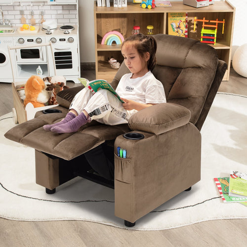 Kids Recliner Chair with Cup Holder and Footrest for Children, Light Brown