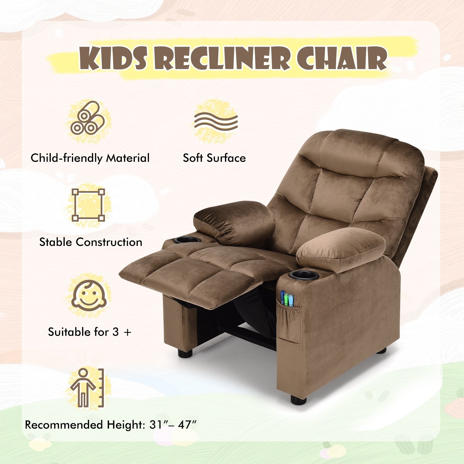 Kids Recliner Chair with Cup Holder and Footrest for Children, Light Brown Kids Chairs & Seating   at Gallery Canada