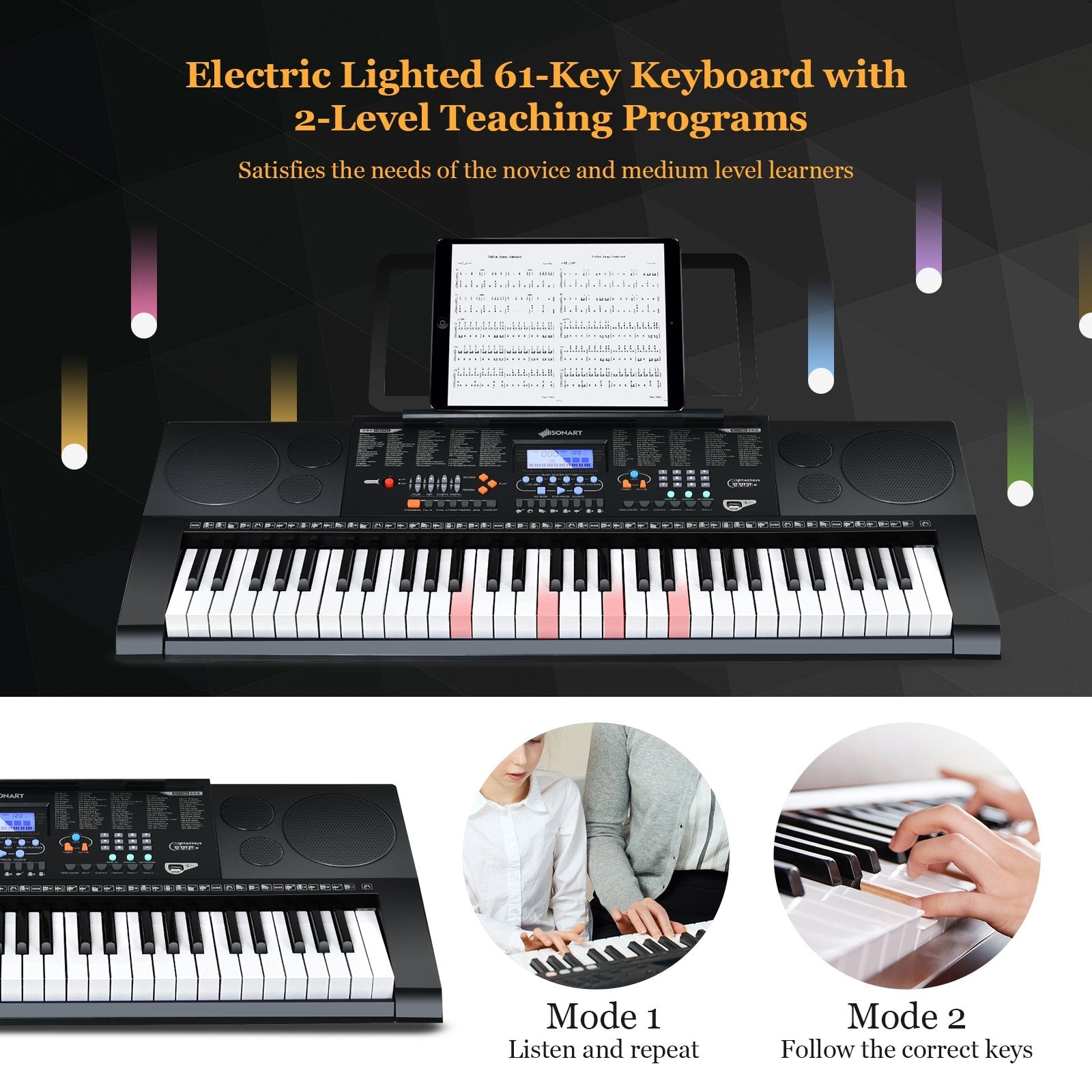 61-Key Electronic Keyboard Piano Set with Full Size Lighted Keys, Black - Gallery Canada
