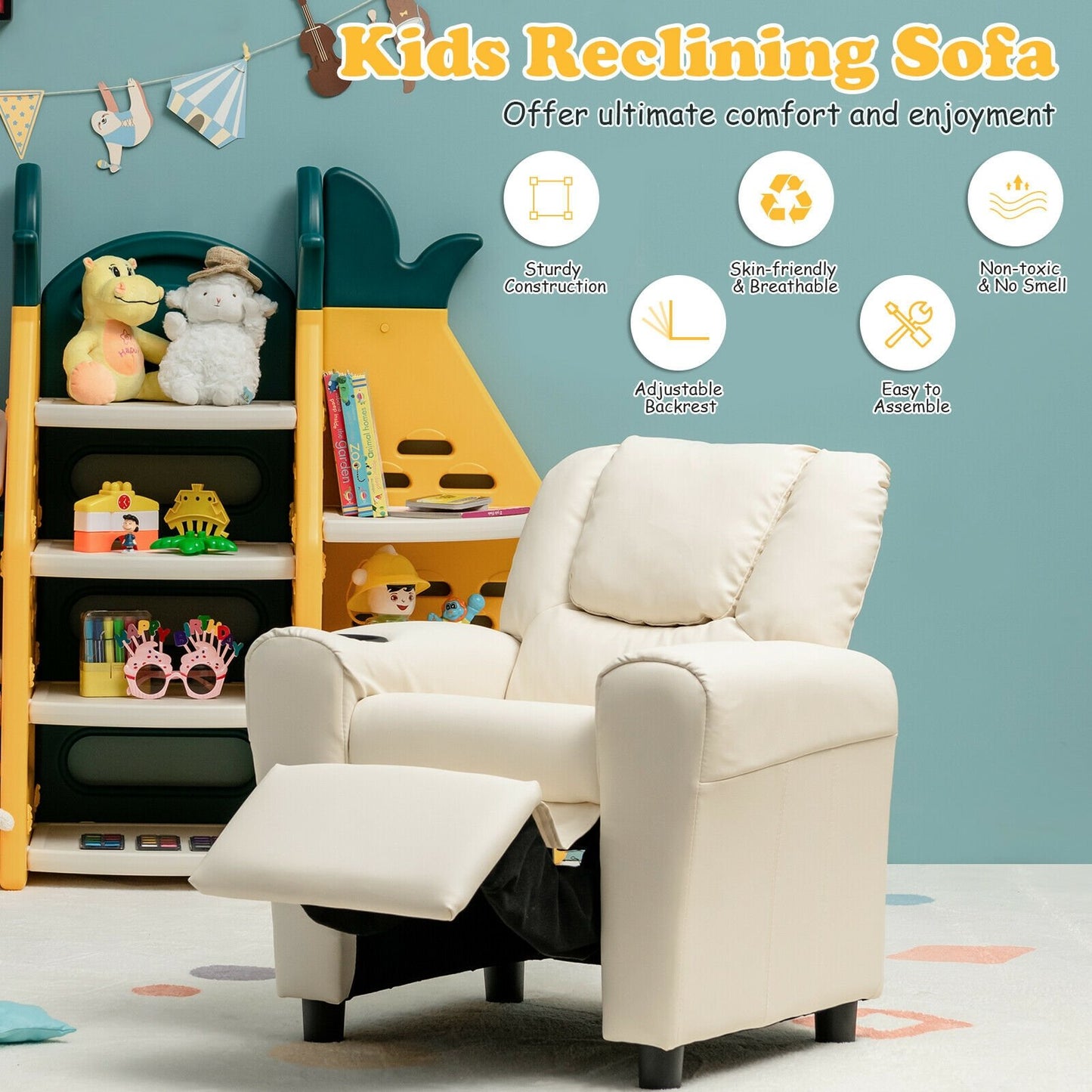 Children PU Leather Recliner Chair with Front Footrest, Beige Kids Chairs & Seating   at Gallery Canada