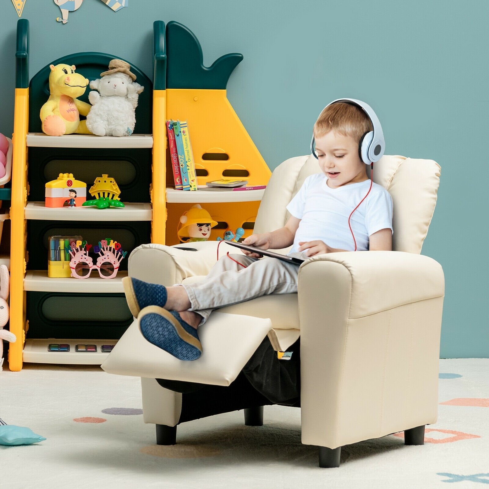 Children PU Leather Recliner Chair with Front Footrest, Beige Kids Chairs & Seating   at Gallery Canada