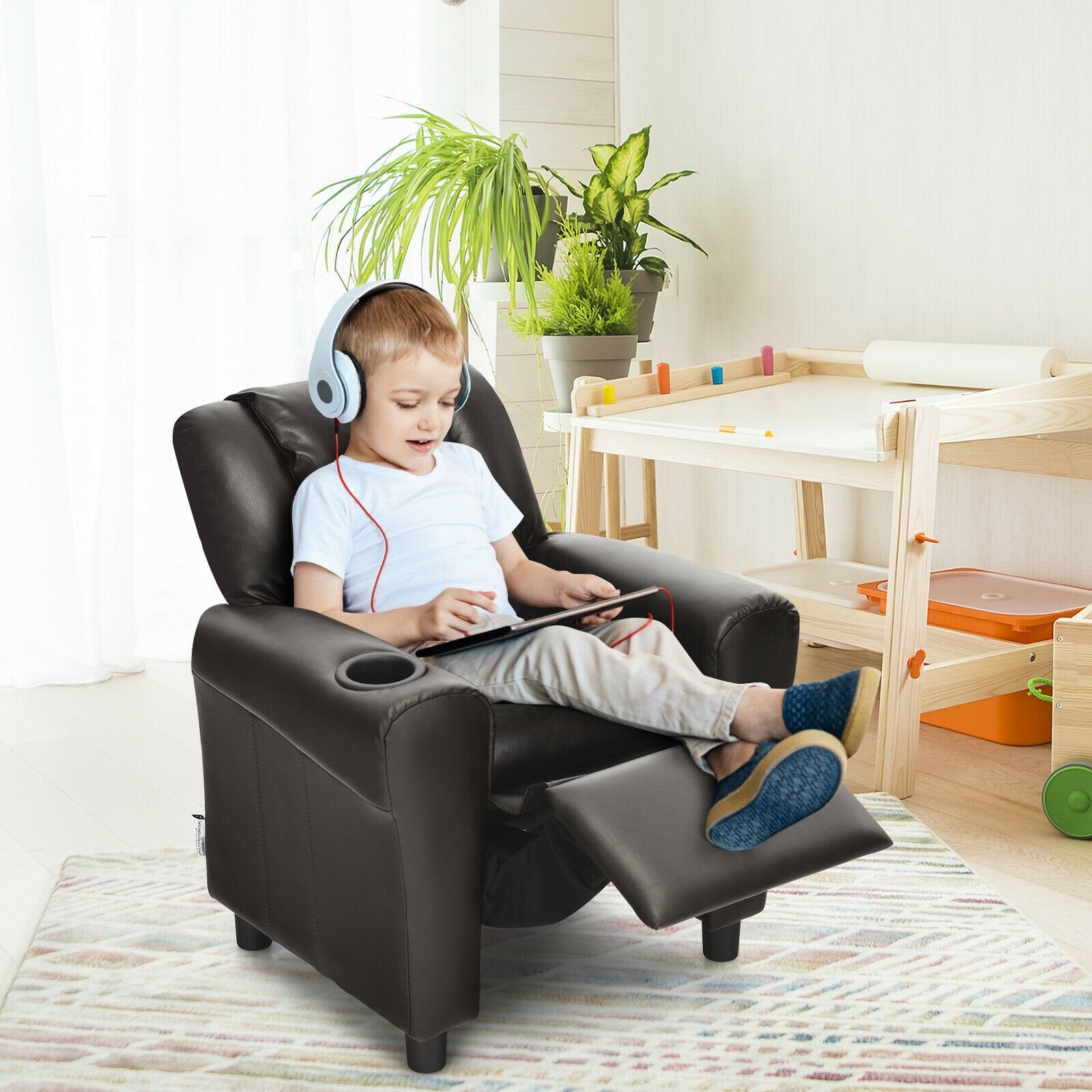 Children PU Leather Recliner Chair with Front Footrest, Brown Kids Chairs & Seating   at Gallery Canada