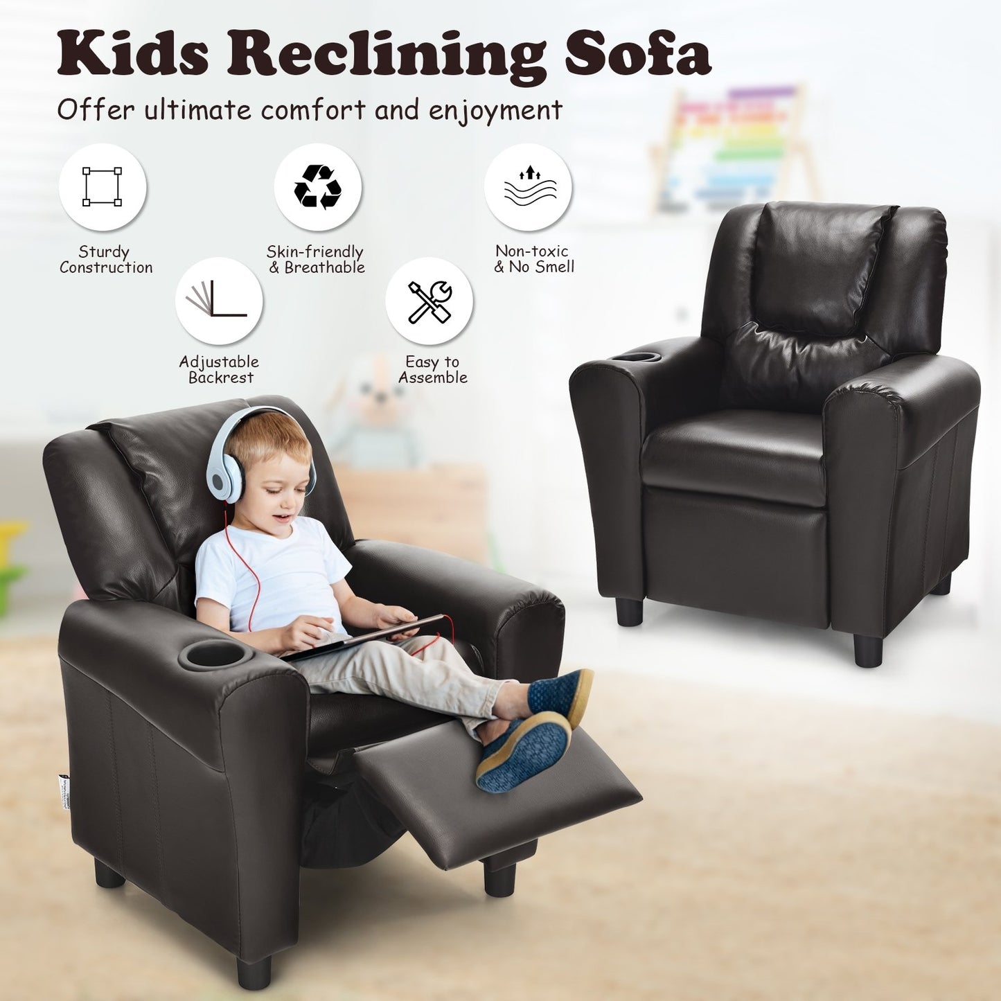 Children PU Leather Recliner Chair with Front Footrest, Brown Kids Chairs & Seating   at Gallery Canada