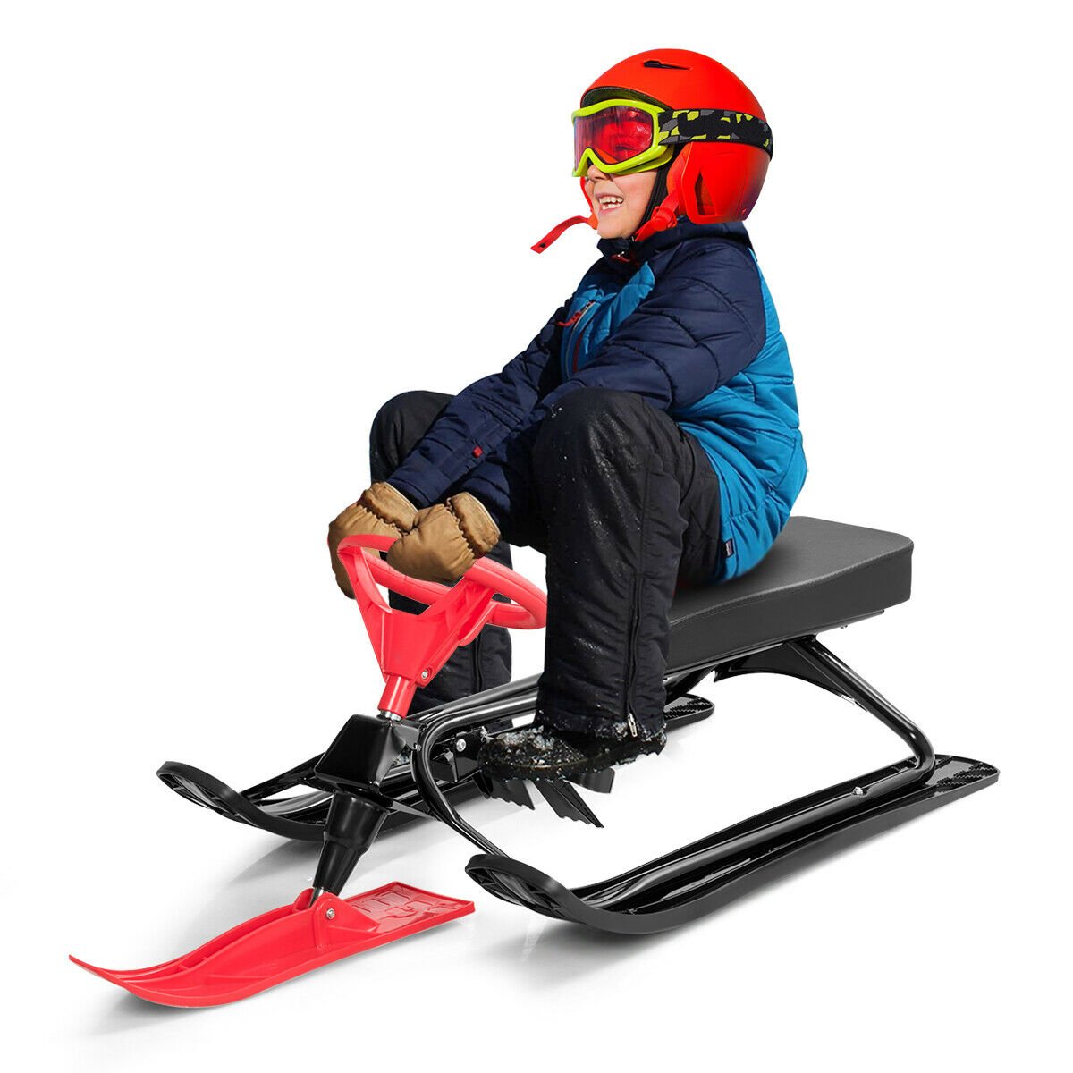 Kids Snow Sand Grass Sled w/ Steering Wheel and Brakes, Red Winter Sports & Activities   at Gallery Canada