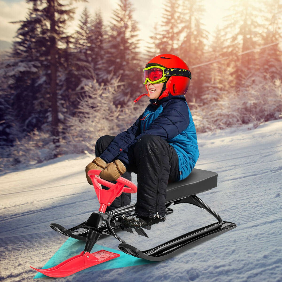 Kids Snow Sand Grass Sled w/ Steering Wheel and Brakes, Red Winter Sports & Activities   at Gallery Canada