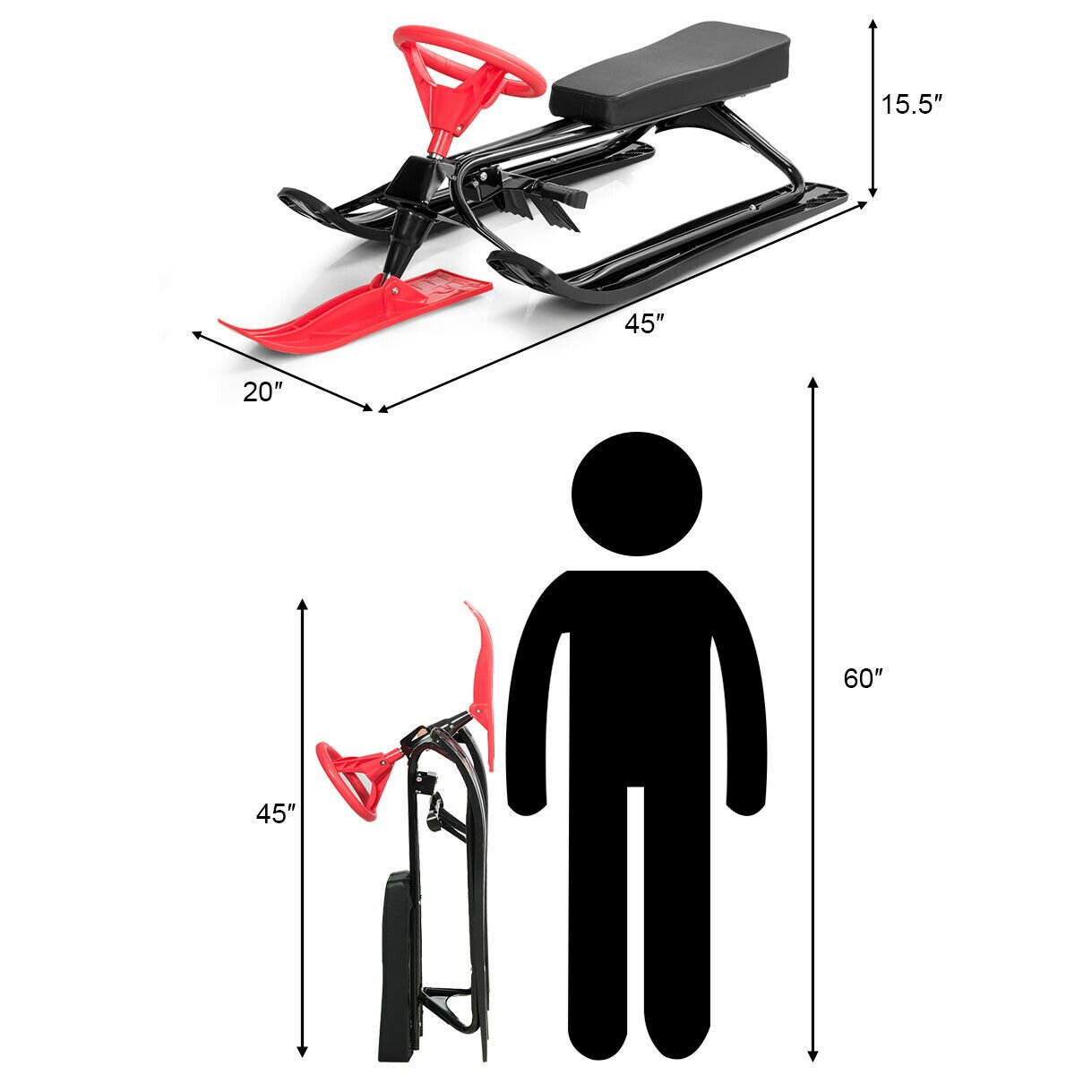 Kids Snow Sand Grass Sled w/ Steering Wheel and Brakes, Red Winter Sports & Activities   at Gallery Canada