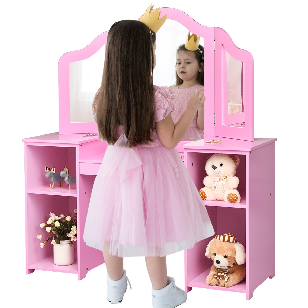 Kids Tri Folding Mirror Makeup Dressing Vanity Table Set, Pink Kids Vanities   at Gallery Canada