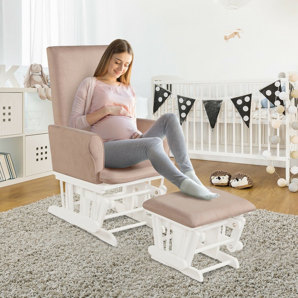 Wooden Baby Nursery Glider and Ottoman Cushion Set, Pink Recliners   at Gallery Canada