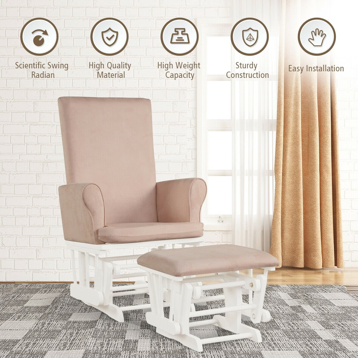 Wooden Baby Nursery Glider and Ottoman Cushion Set, Pink Recliners   at Gallery Canada