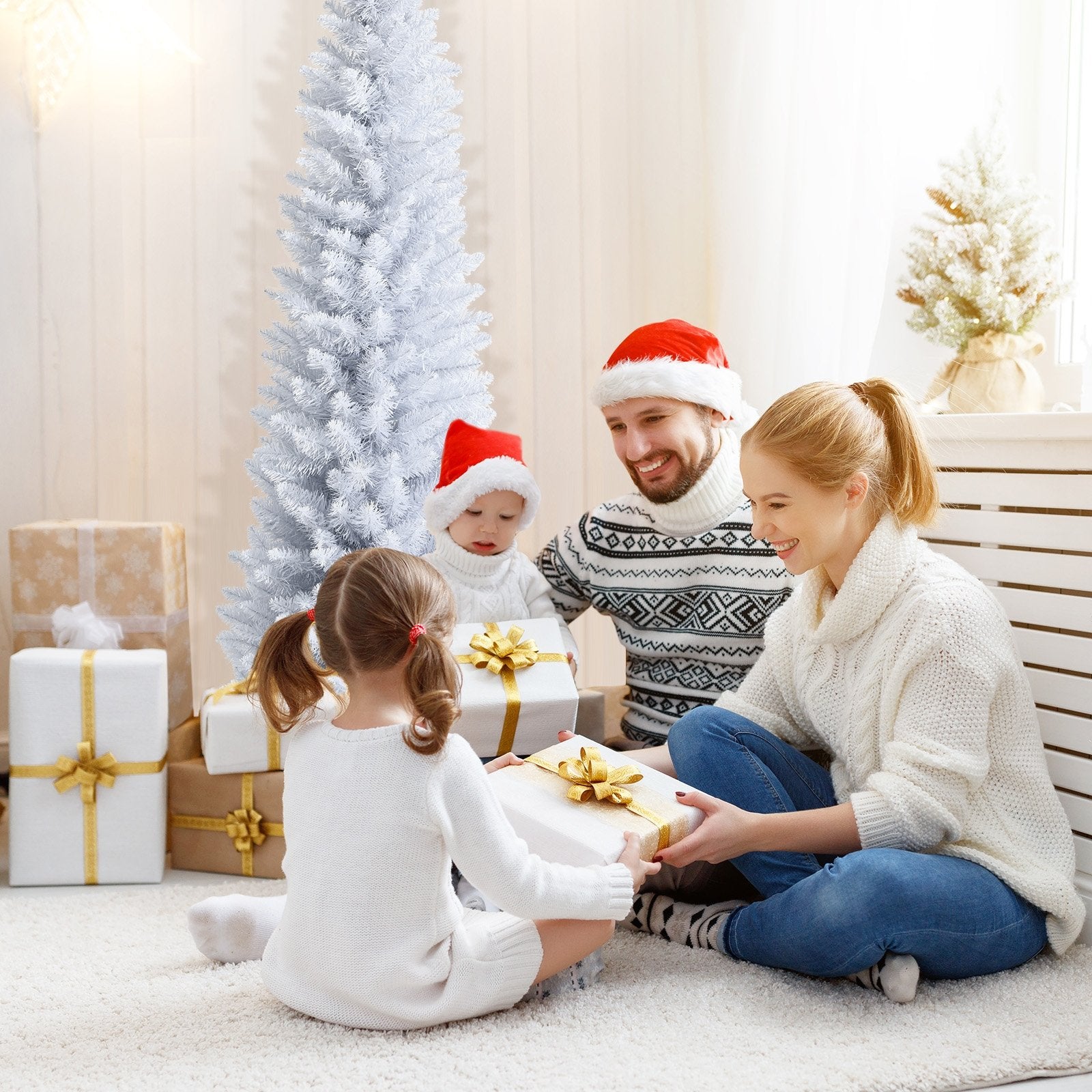 Slim Artificial Christmas Pencil Tree with PVC Needles and Folding Metal Stand-5', White Christmas Tree   at Gallery Canada