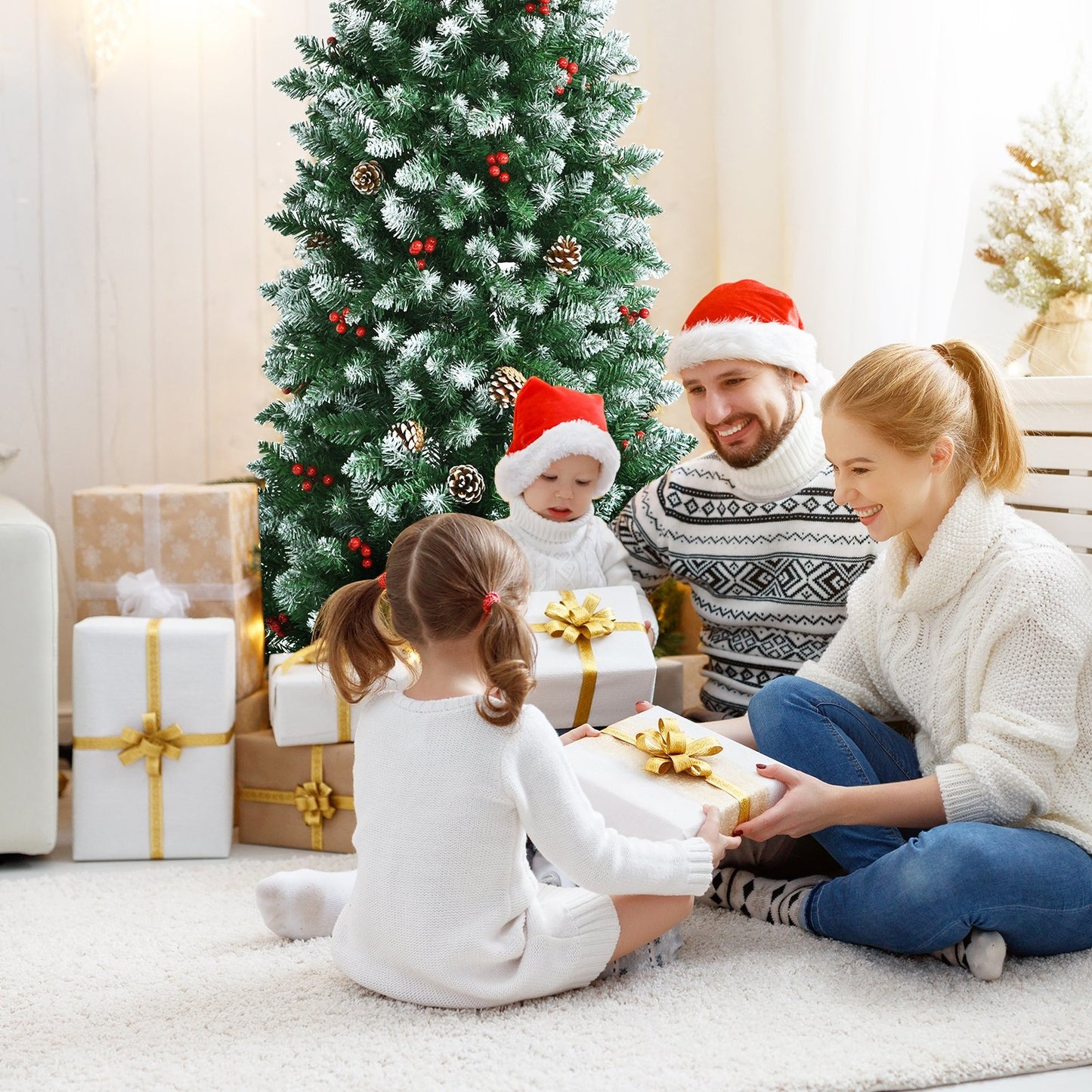 Pre-lit Artificial Pencil Christmas Tree with Pine Cones and Red Berries-7 ft, Green - Gallery Canada