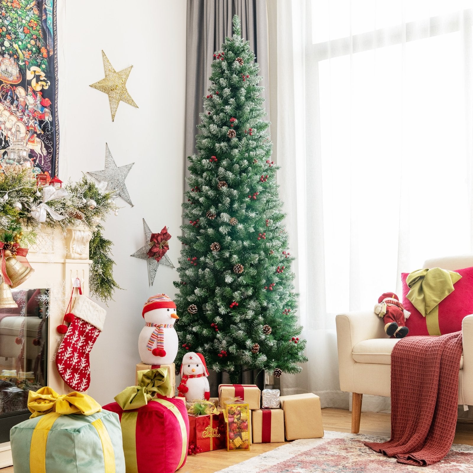 Pre-lit Artificial Pencil Christmas Tree with Pine Cones and Red Berries-7 ft, Green - Gallery Canada