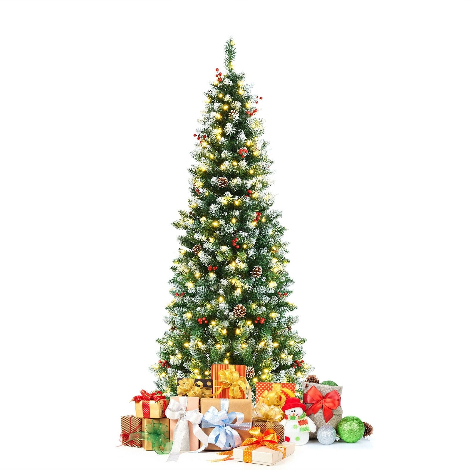 Pre-lit Artificial Pencil Christmas Tree with Pine Cones and Red Berries-6 ft, Green Christmas Tree   at Gallery Canada