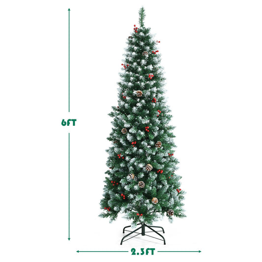 Pre-lit Artificial Pencil Christmas Tree with Pine Cones and Red Berries-6 ft, Green - Gallery Canada