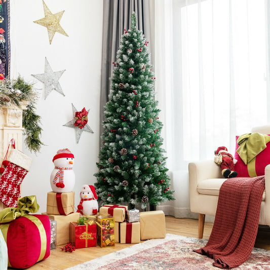 Pre-lit Artificial Pencil Christmas Tree with Pine Cones and Red Berries-6 ft, Green Christmas Tree   at Gallery Canada