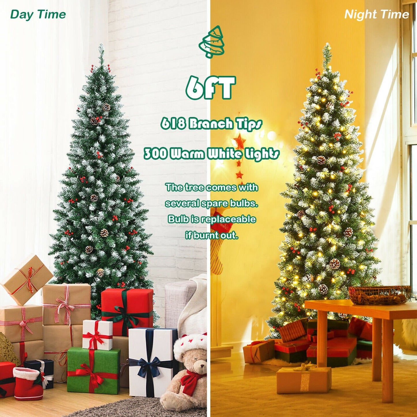 Pre-lit Artificial Pencil Christmas Tree with Pine Cones and Red Berries-6 ft, Green - Gallery Canada