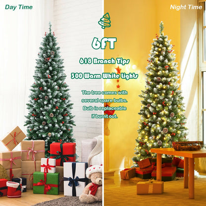Pre-lit Artificial Pencil Christmas Tree with Pine Cones and Red Berries-6 ft, Green - Gallery Canada