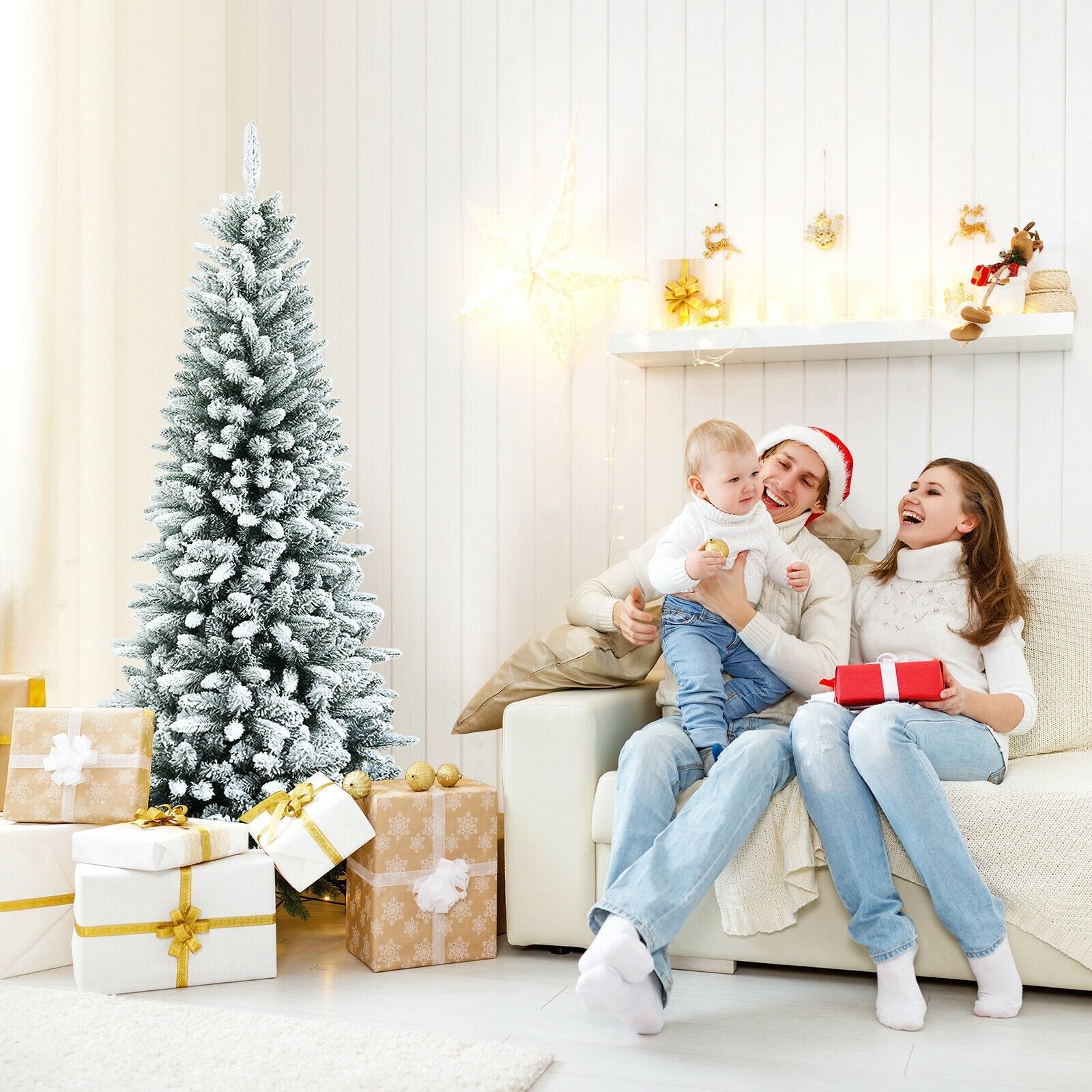 Snow-Flocked Hinged Artificial Christmas Pencil Tree with Mixed Tips-6.5 ft, White Christmas Tree   at Gallery Canada