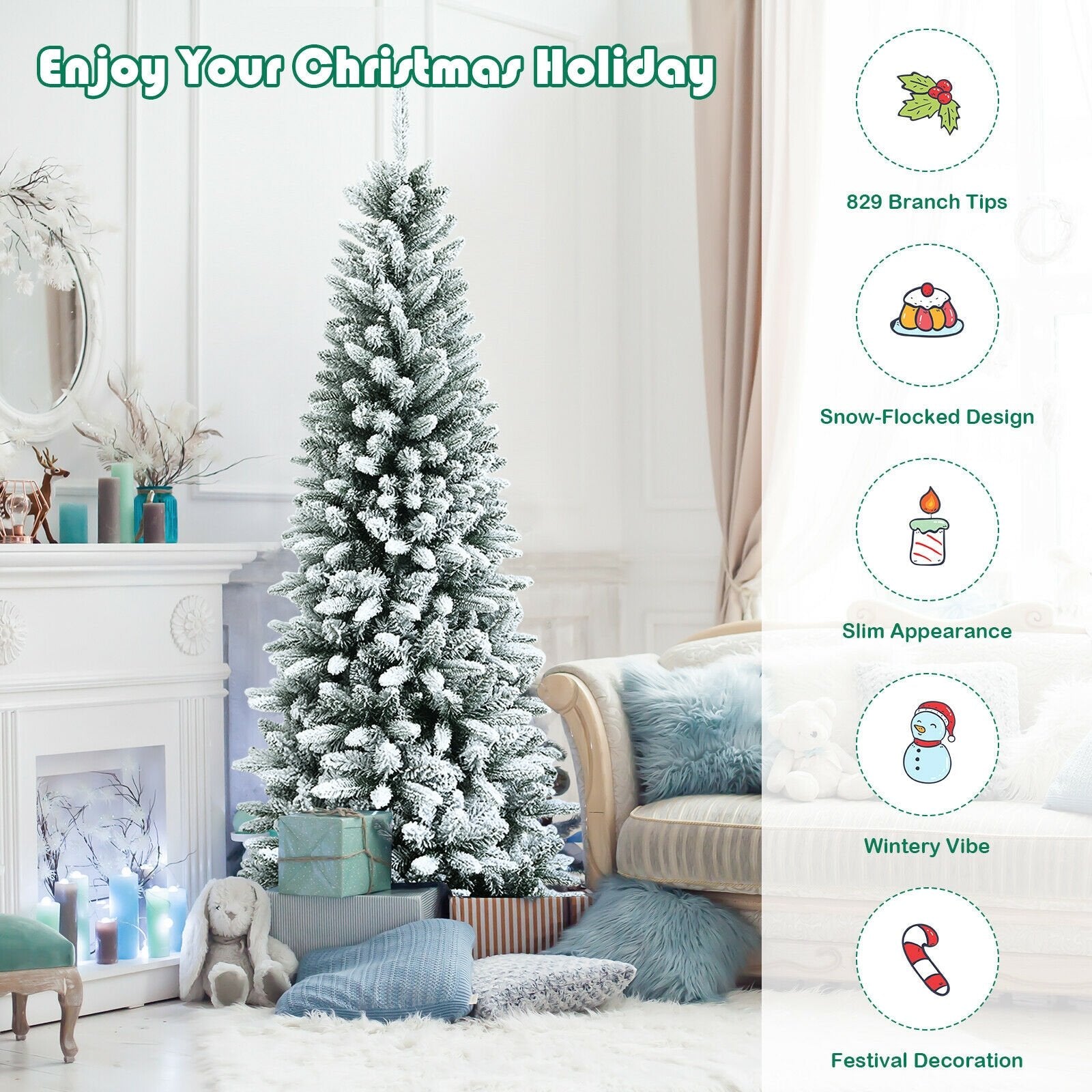 Snow-Flocked Hinged Artificial Christmas Pencil Tree with Mixed Tips-6.5 ft, White Christmas Tree   at Gallery Canada