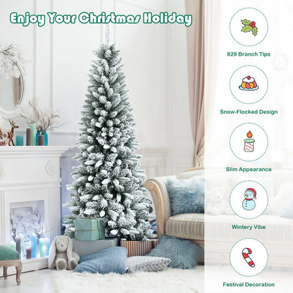 Snow-Flocked Hinged Artificial Christmas Pencil Tree with Mixed Tips-6.5 ft, White - Gallery Canada