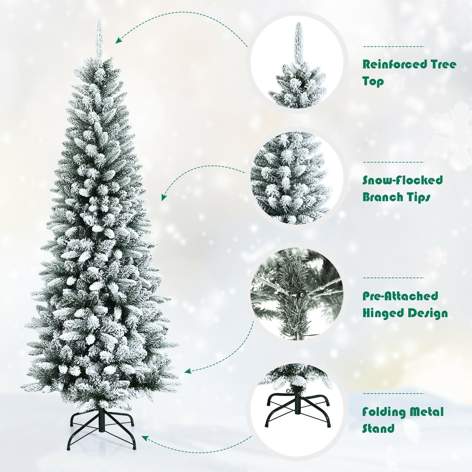 Snow-Flocked Hinged Artificial Christmas Pencil Tree with Mixed Tips-6.5 ft, White Christmas Tree   at Gallery Canada