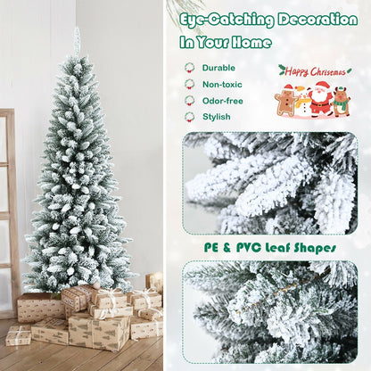 Snow-Flocked Hinged Artificial Christmas Pencil Tree with Mixed Tips-6.5 ft, White - Gallery Canada
