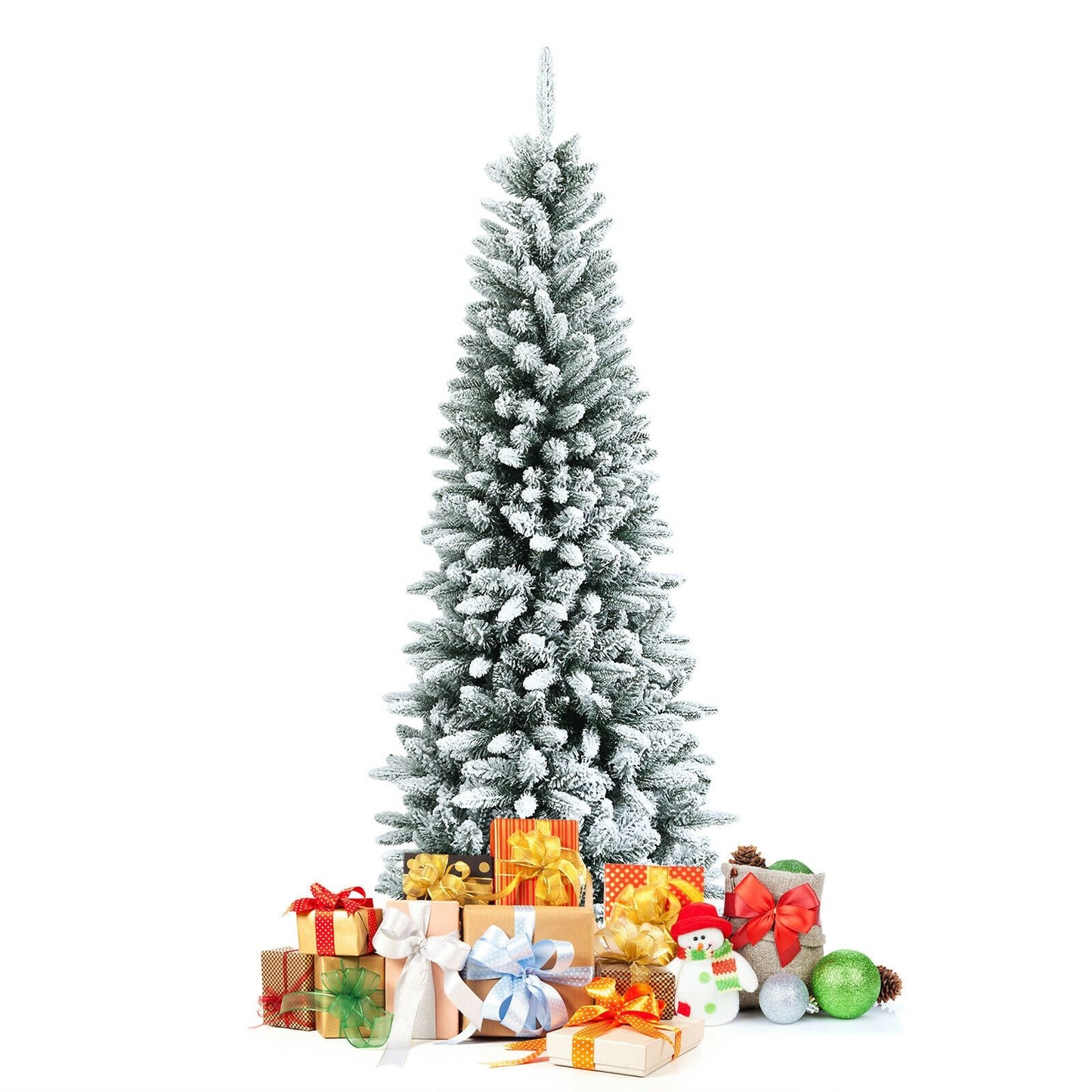 Snow-Flocked Hinged Artificial Christmas Pencil Tree with Mixed Tips-6.5 ft, White Christmas Tree   at Gallery Canada