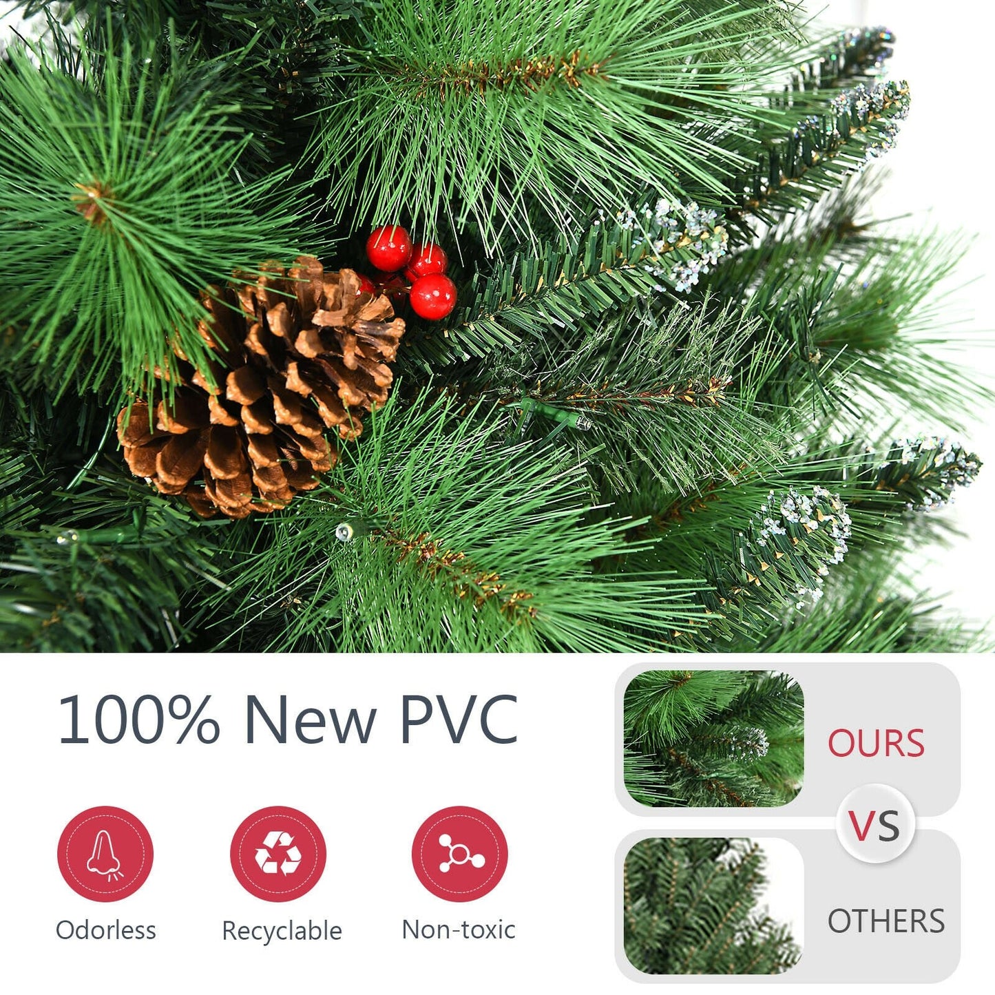 Pre-lit Hinged Christmas Tree with Pine Cones and Red Berries-7', Green - Gallery Canada