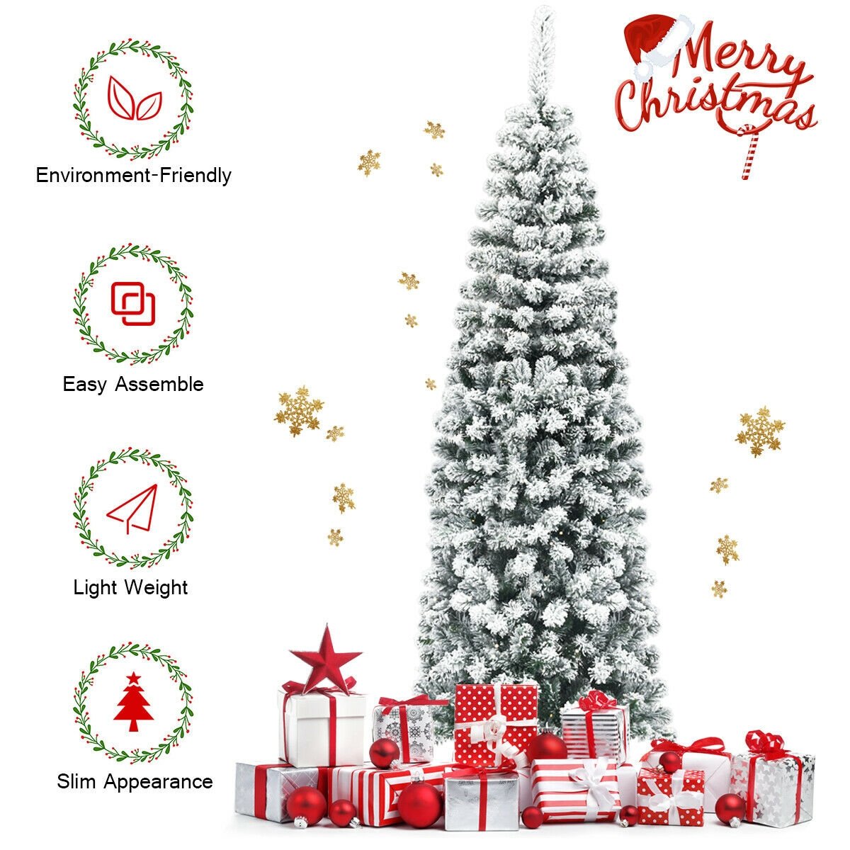 6 Feet Unlit Hinged Snow Flocked Artificial Pencil Christmas Tree with 500 Branch Tip, Green Christmas Tree   at Gallery Canada